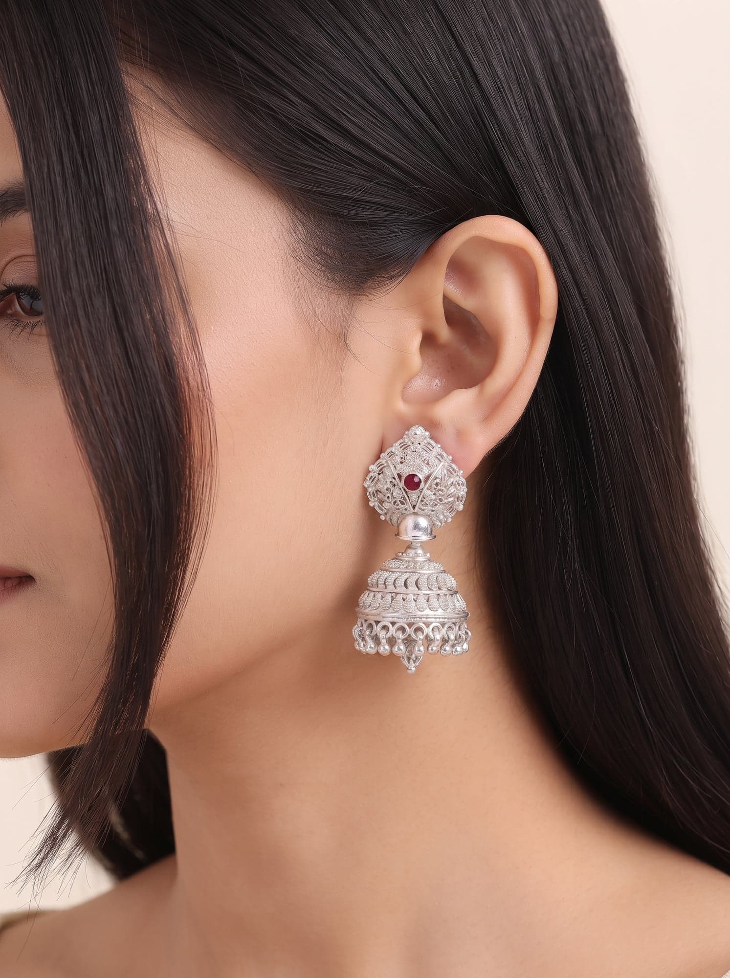 Kumaoni Laal Ratna Jhumka in 925 sterling silver, view 2